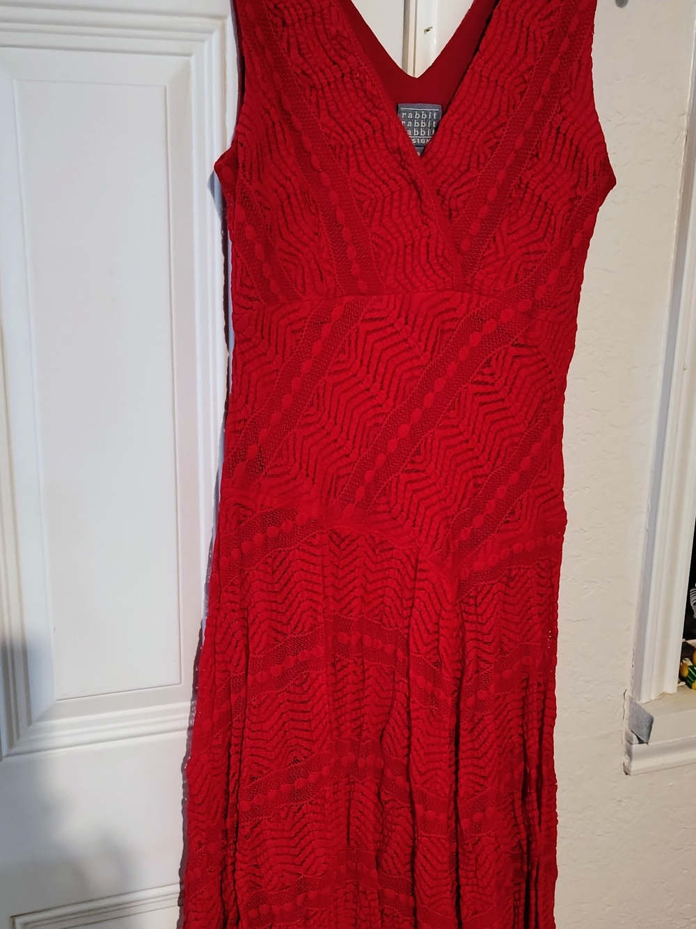 Red V-Neck Textured Knit Midi Dress